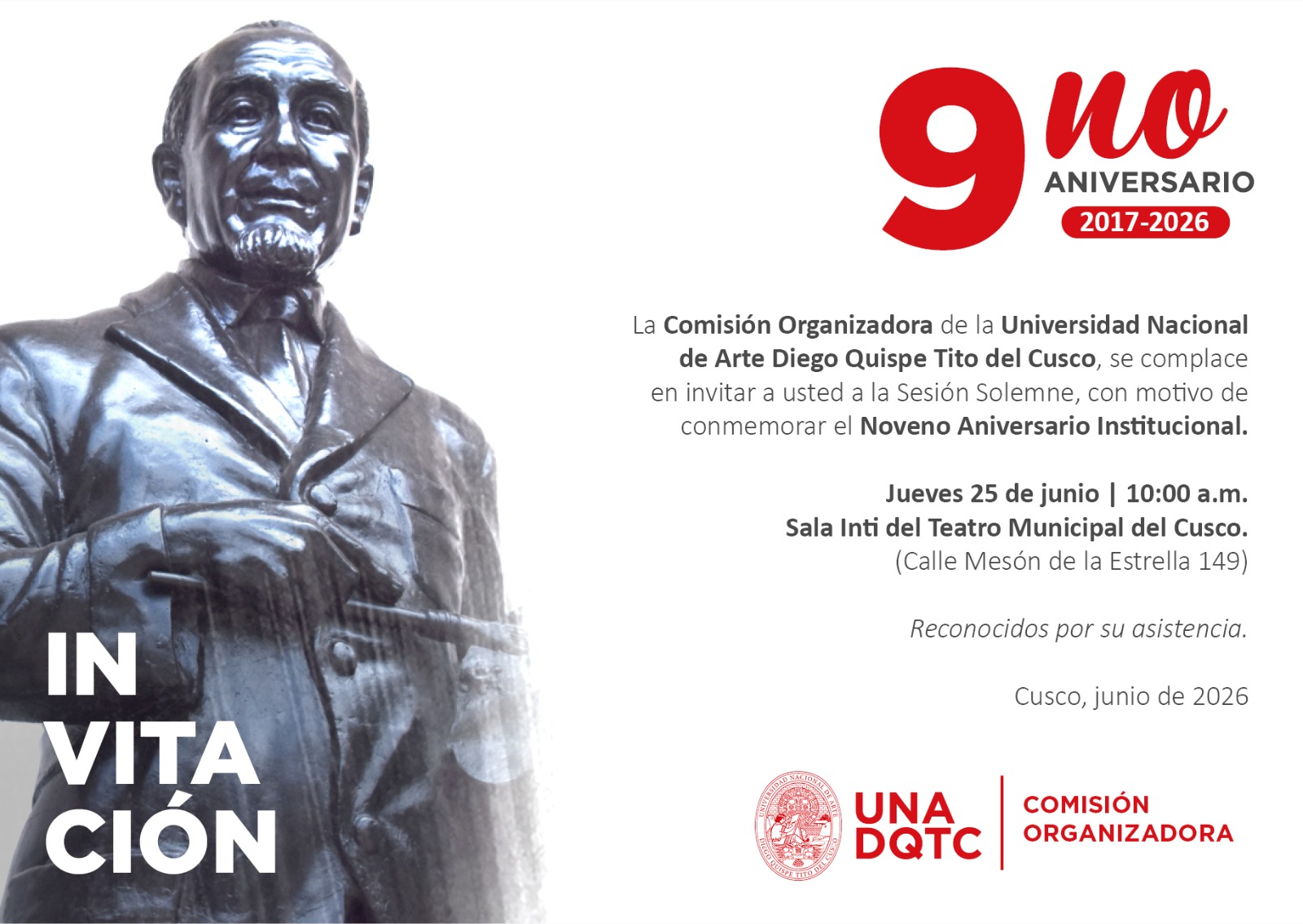 MEDALLAS “DIEGO QUISPE TITO” Y “MARIANO FUENTES LIRA” SERÁN ENTREGADAS MAÑANA JUEVES POR ANIVERSARIO DE UNIVERSIDAD NACIONAL DE ARTE DEL CUSCO
